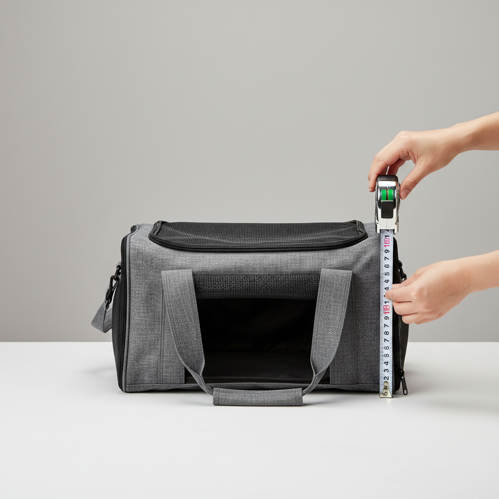 Measuring a cat carrier with a tape measure for airline under-seat fit