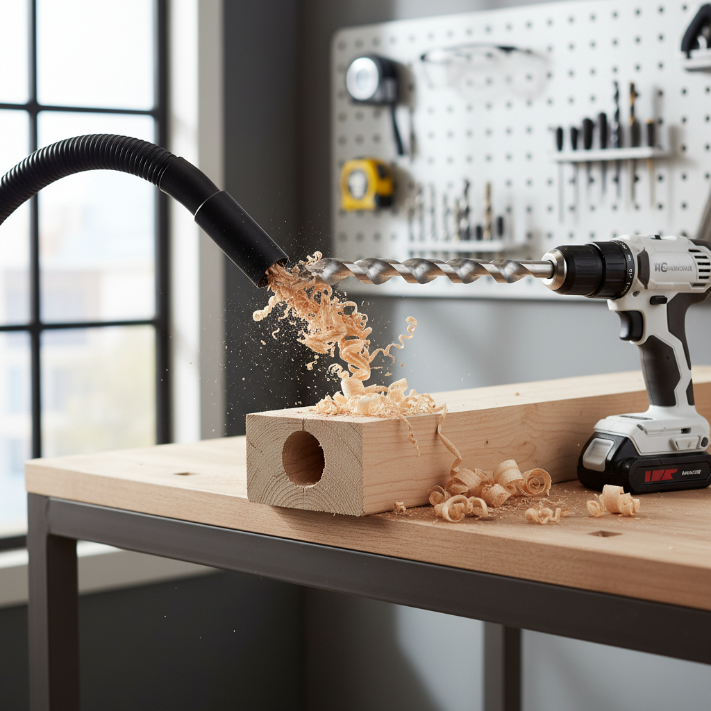 Wood chips being cleared from an auger bit during deep hole drilling