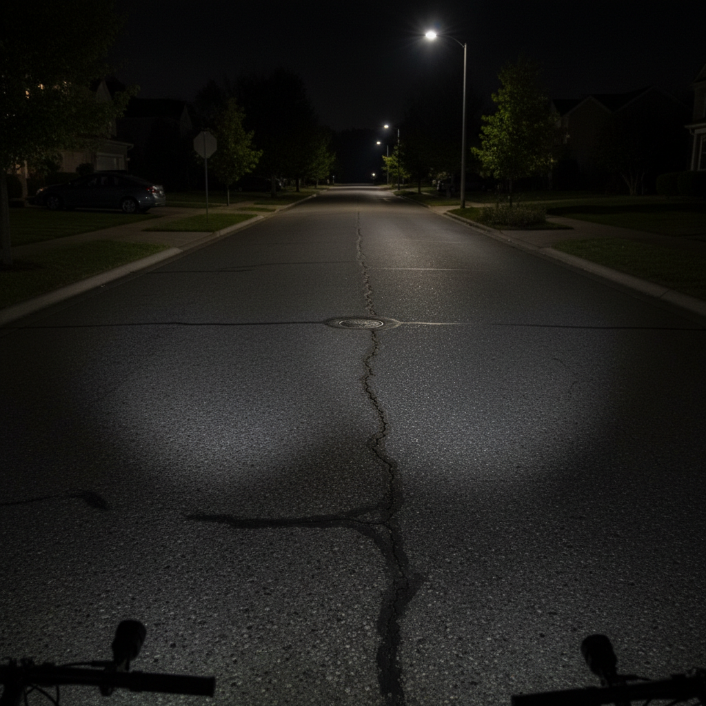 Front bike light beam pattern comparison on a dark road
