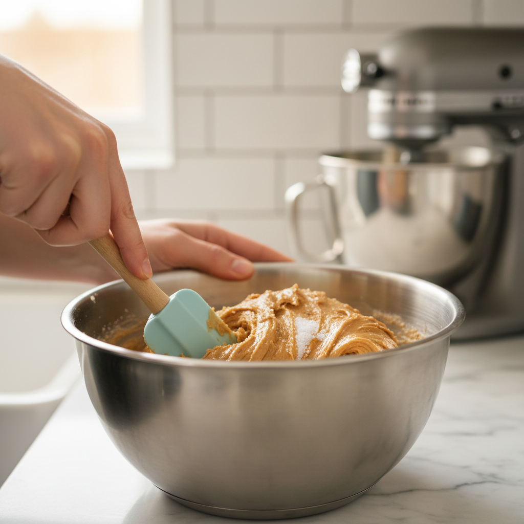 Mixing peanut butter ball dough to the right consistency in a bowl