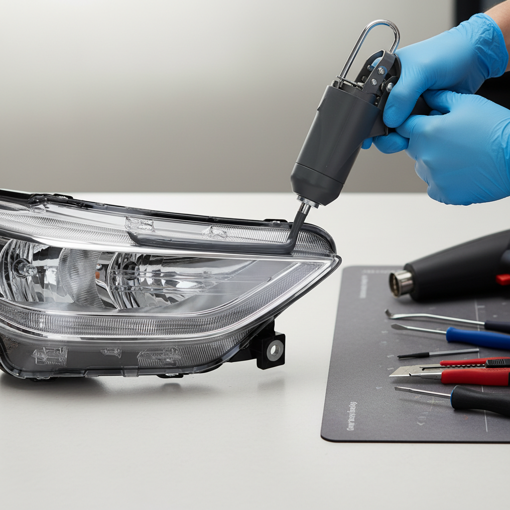 Applying butyl sealant bead along a headlight lens housing channel