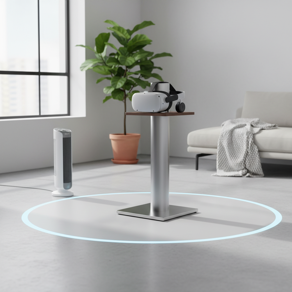 Roomscale VR play area setup for caregiving simulation with clear boundary and floor mat