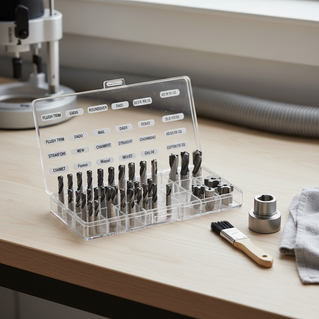 Organized router bit storage case and clean collet maintenance on a workbench