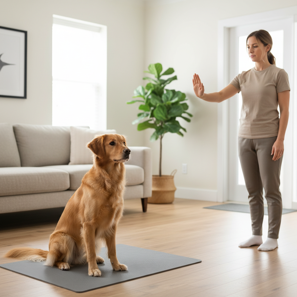 Dog practicing stay on a mat indoors with handler giving a calm hand signal