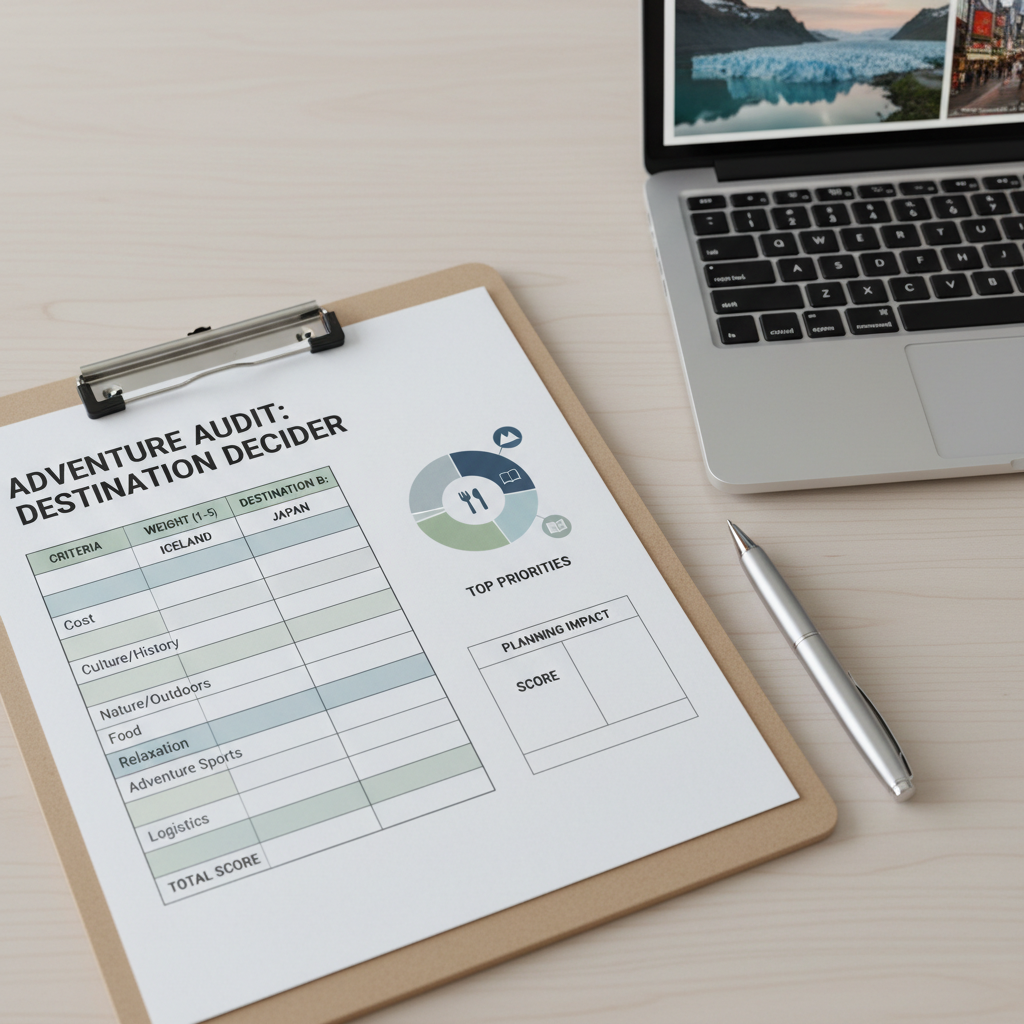Simple scoring worksheet for choosing a first international trip destination