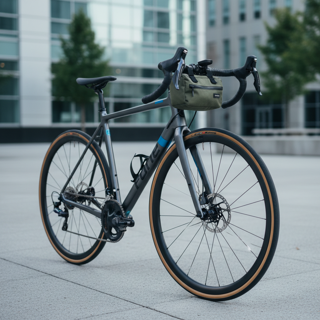 Handlebar bike bag mounted on drop bars with clearance from cables