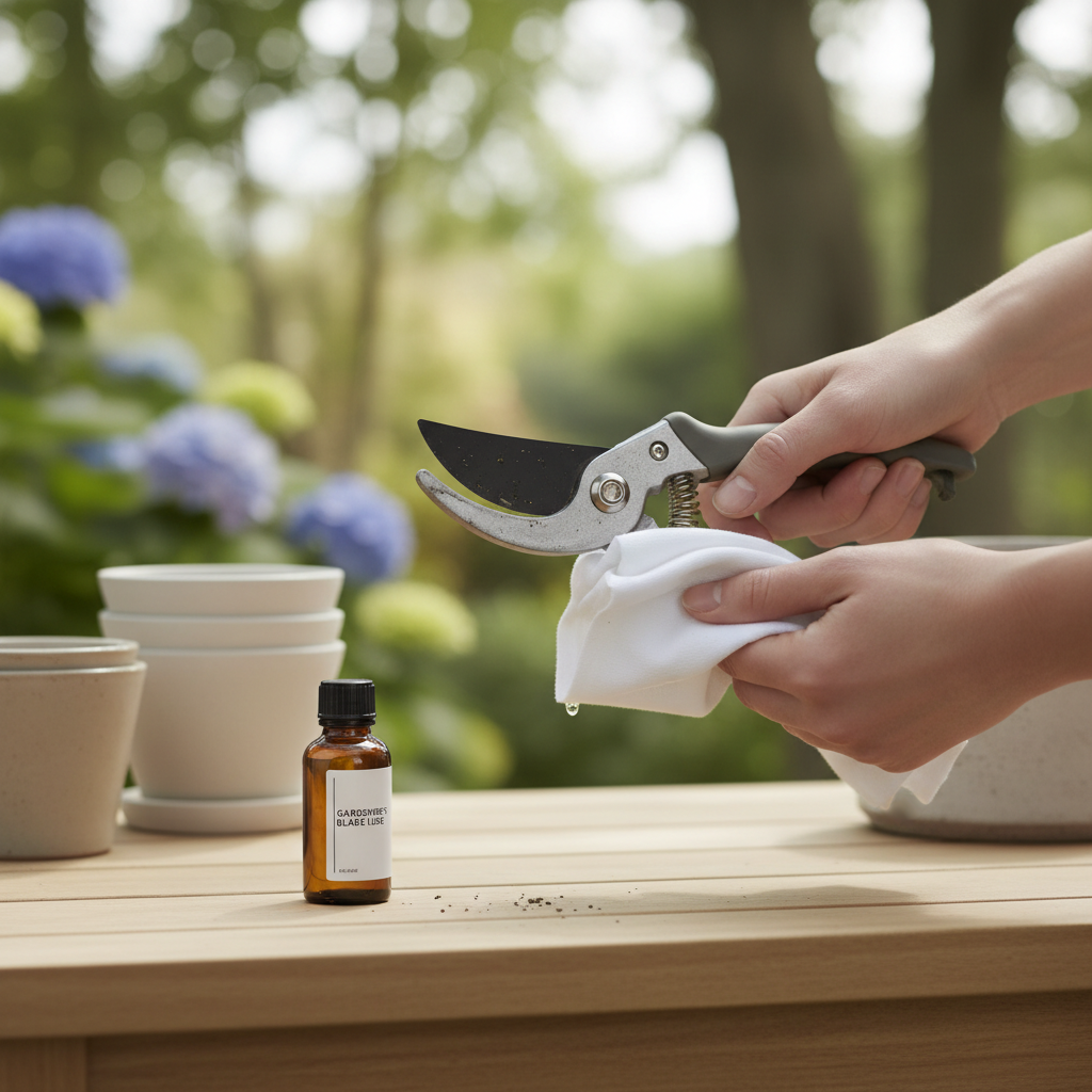 Cleaning and oiling pruning shears after rose pruning
