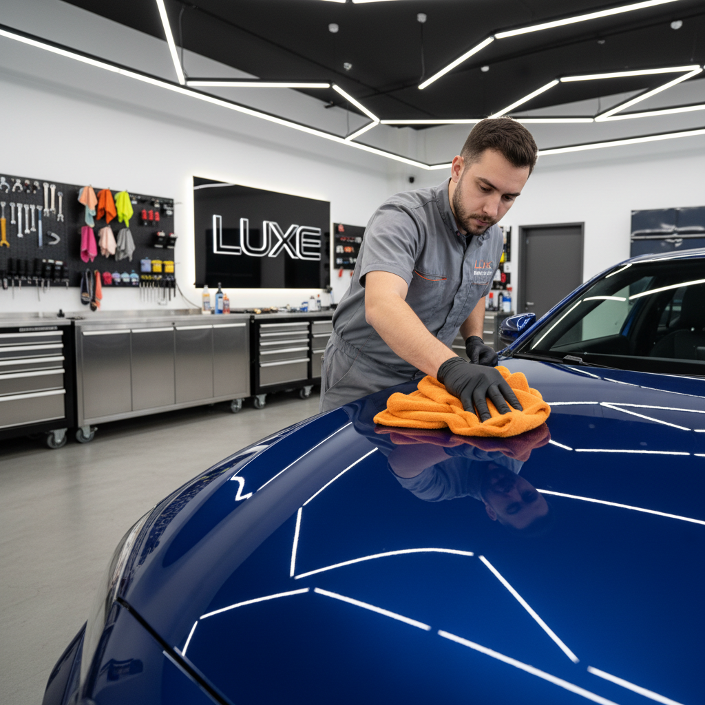 Buffing off paint sealant with microfiber towel for a glossy finish