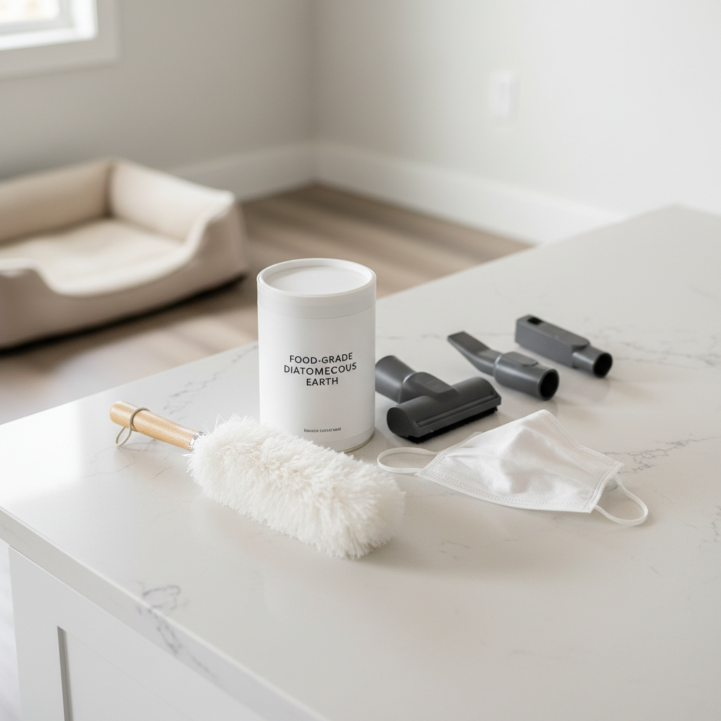 Home flea treatment setup with food-grade diatomaceous earth and pet-safe cleaning tools