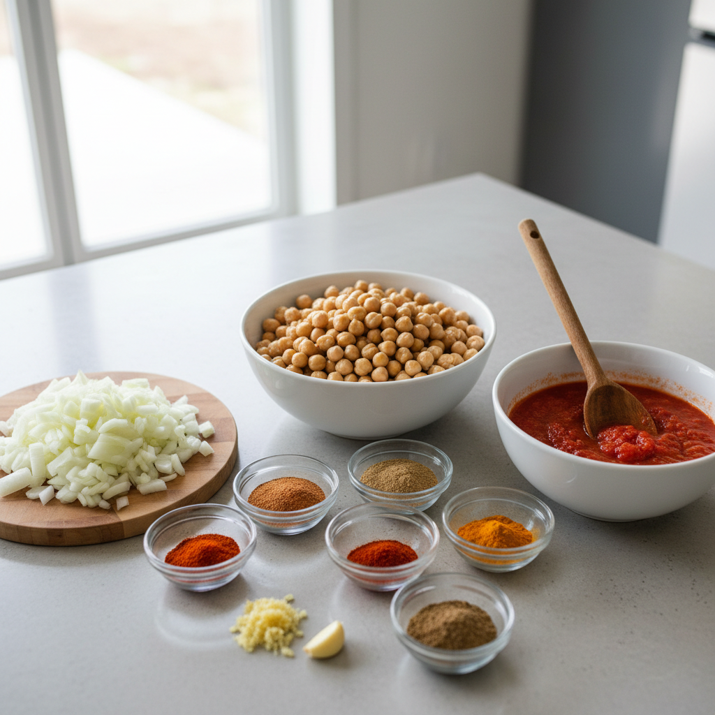 Chopped onions, garlic, ginger, spices, and canned chickpeas prepped for chana masala