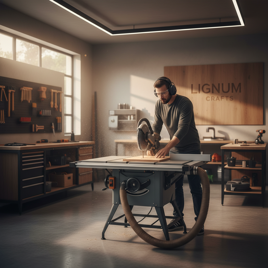 Woodworker wearing ear muffs while using a table saw in a garage shop