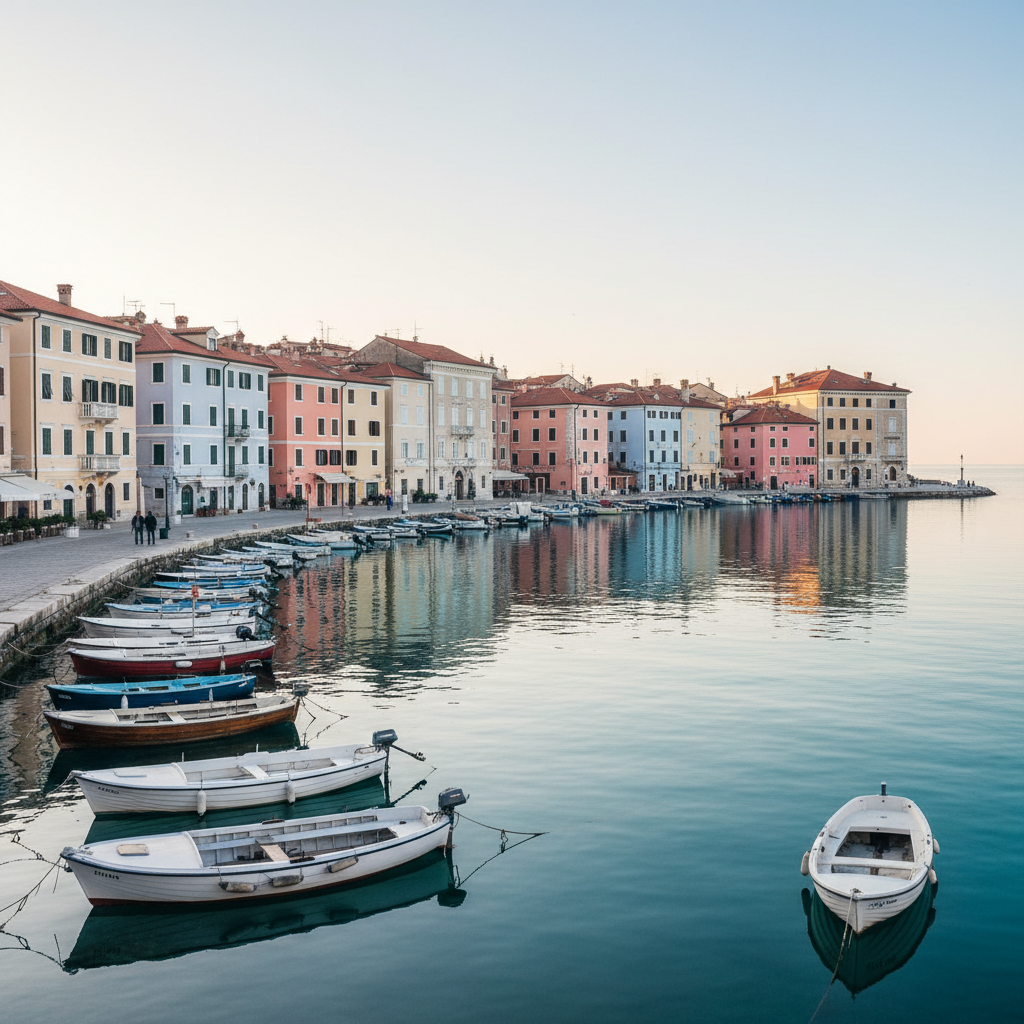 Quiet Adriatic waterfront in Piran Slovenia with pastel buildings and calm sea, underrated 2026 destination