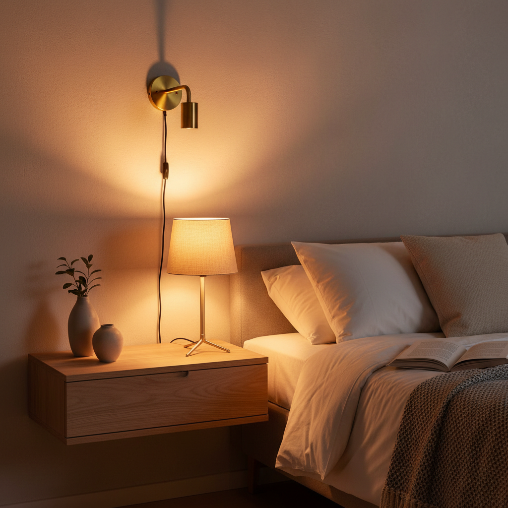 Warm bedside reading light setup with plug-in sconce and soft lamp shade