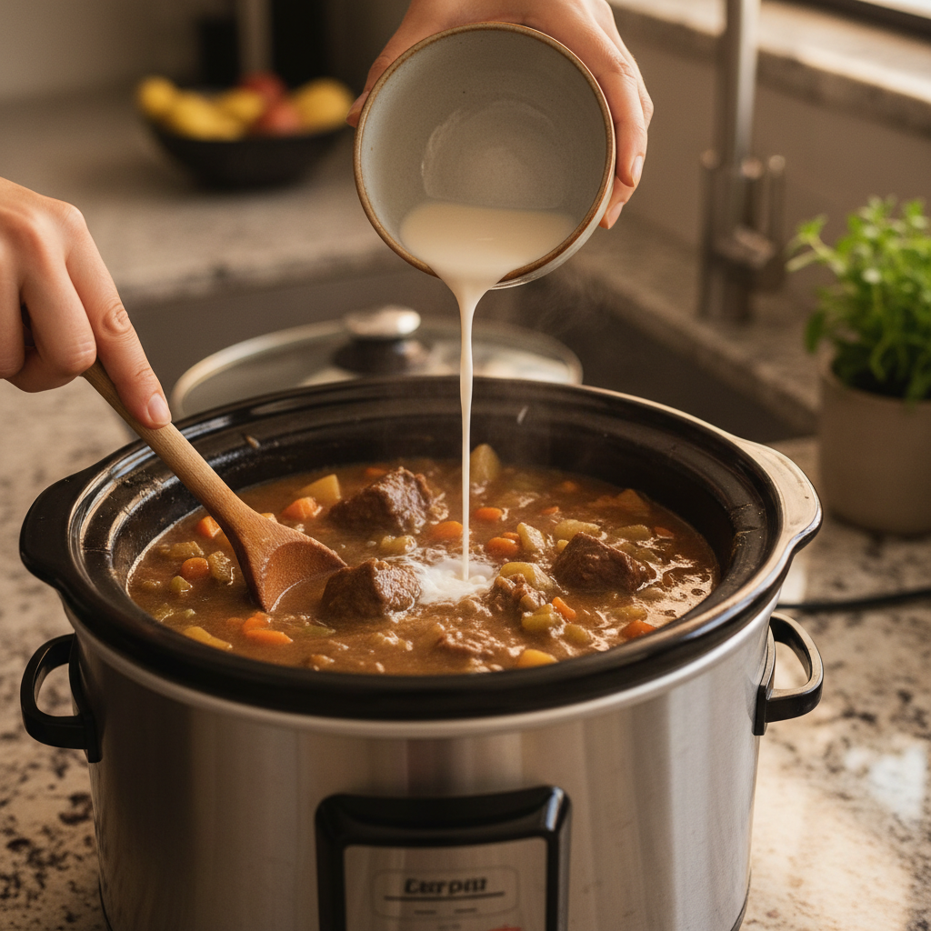 Thickening beef stew in a slow cooker with cornstarch slurry and stirring