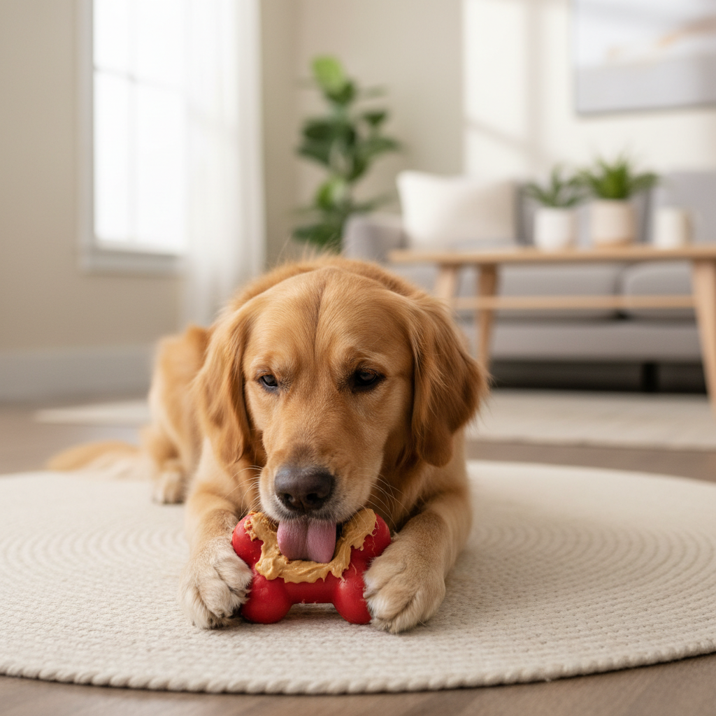 Dog working on a stuffed food puzzle toy on a mat