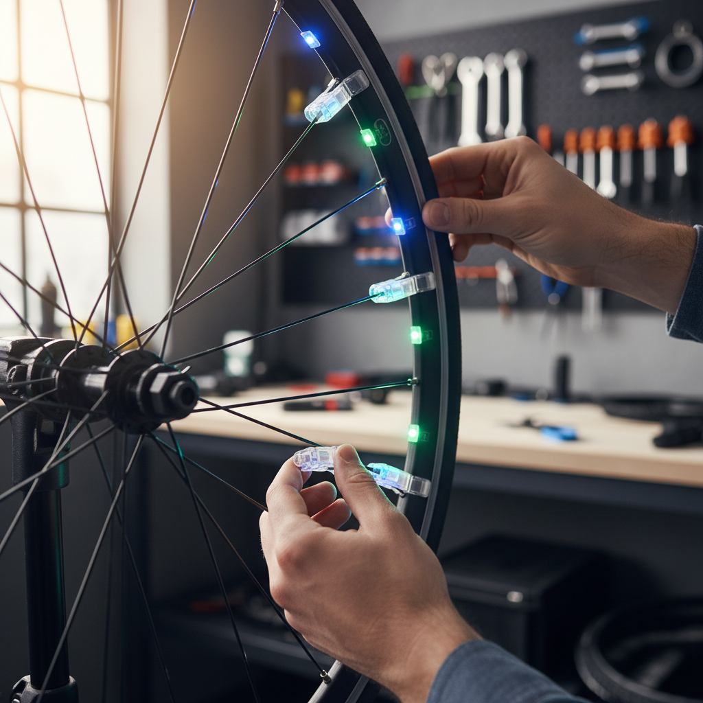 Close-up of installing spoke-mounted bike wheel lights securely