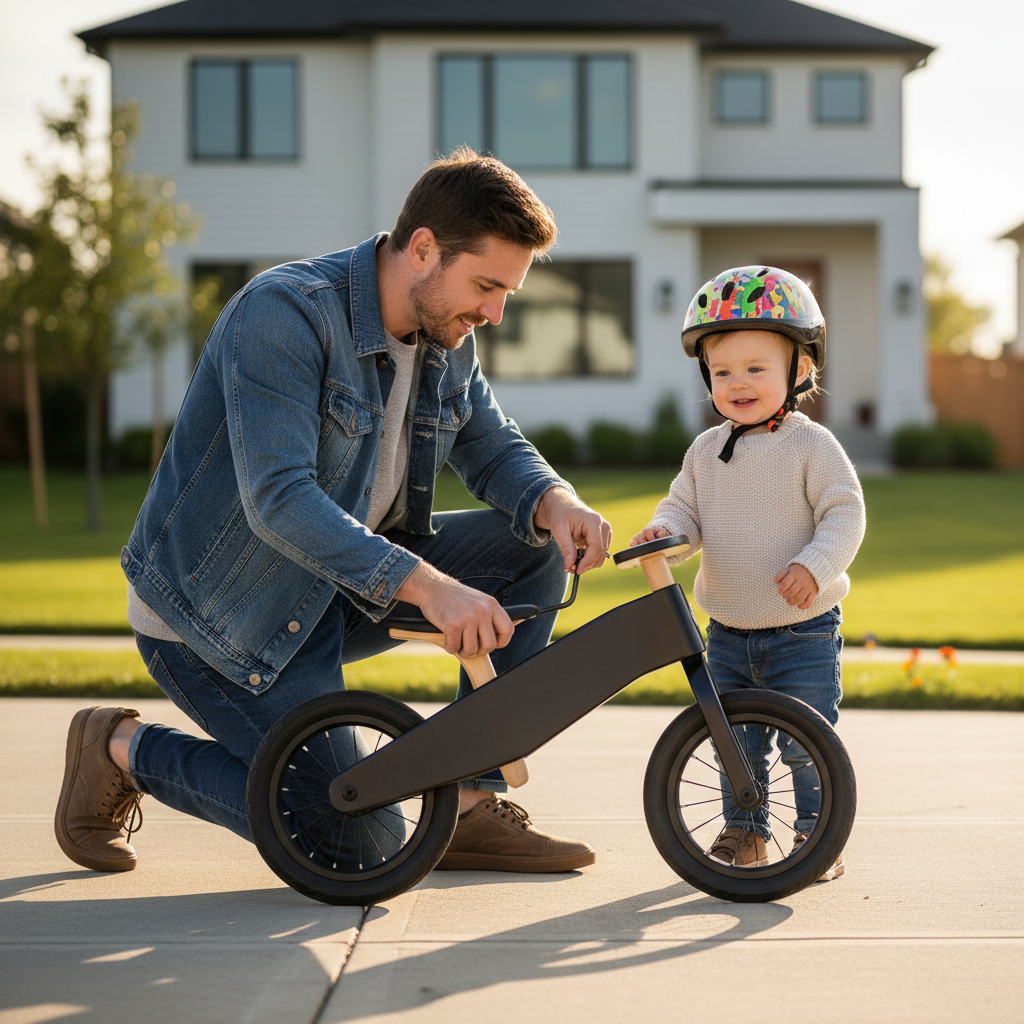 Parent adjusting toddler balance bike seat height and checking helmet fit before the first ride