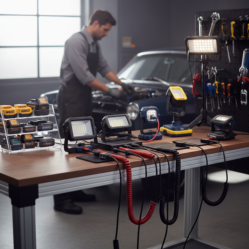 Mechanic organizing rechargeable work lights and USB-C charging station in garage