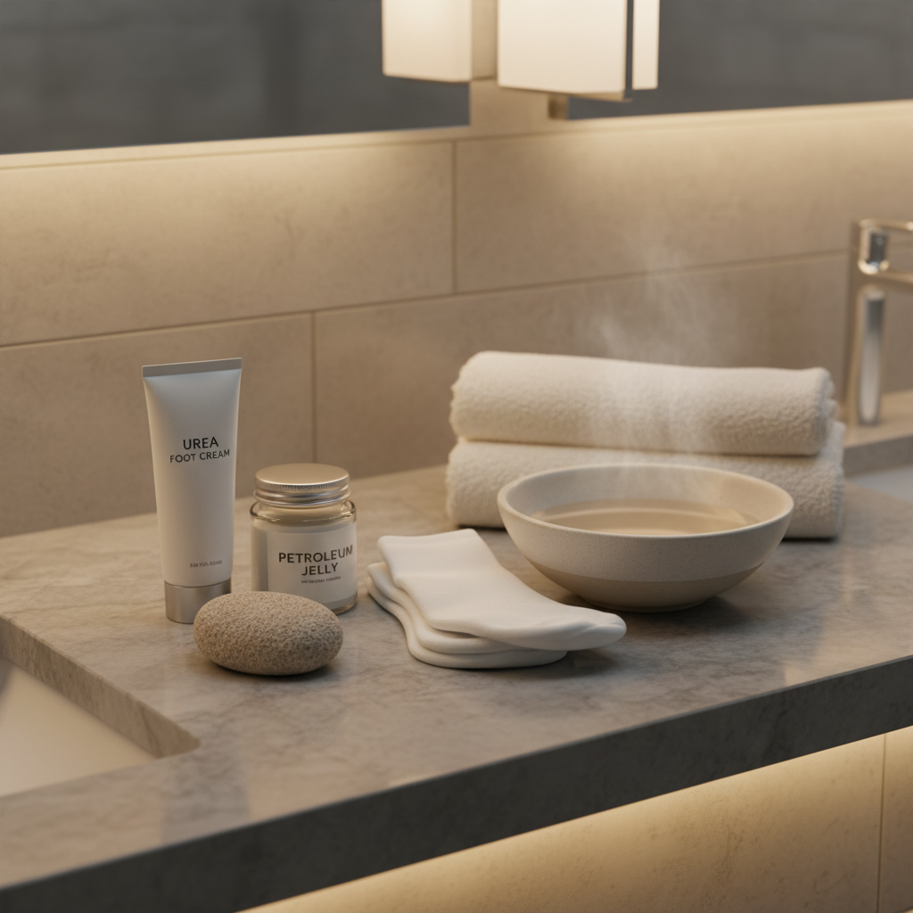 Nighttime routine supplies to treat dry cracked heels overnight