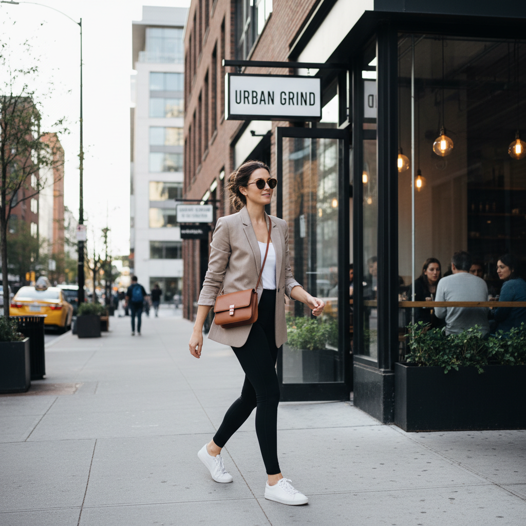 Athleisure outfit with blazer and sneakers for styling gym clothes outside