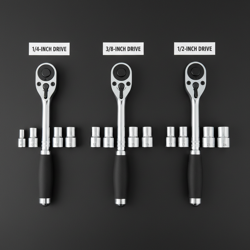 Comparison of 1/4, 3/8, and 1/2 drive ratchets and sockets