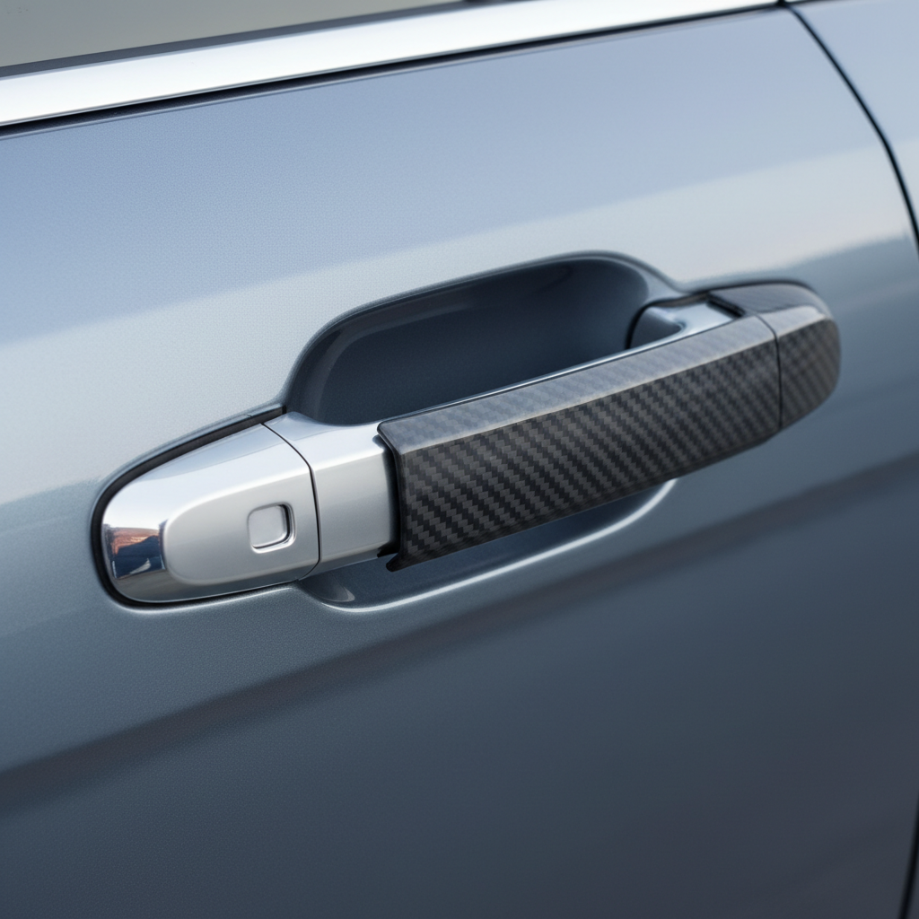 Close-up of a door handle with keyless entry sensor showing fitment cutouts on a cover