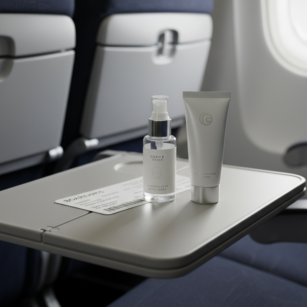Travel hand sanitizer and hand cream routine on airplane tray