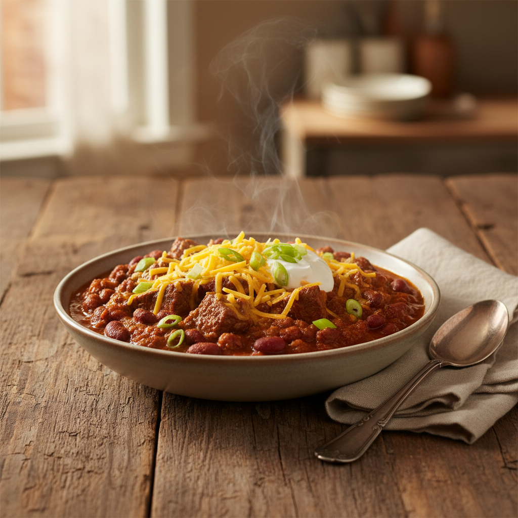 Bowl of thick beef chili with toppings like shredded cheese and green onions