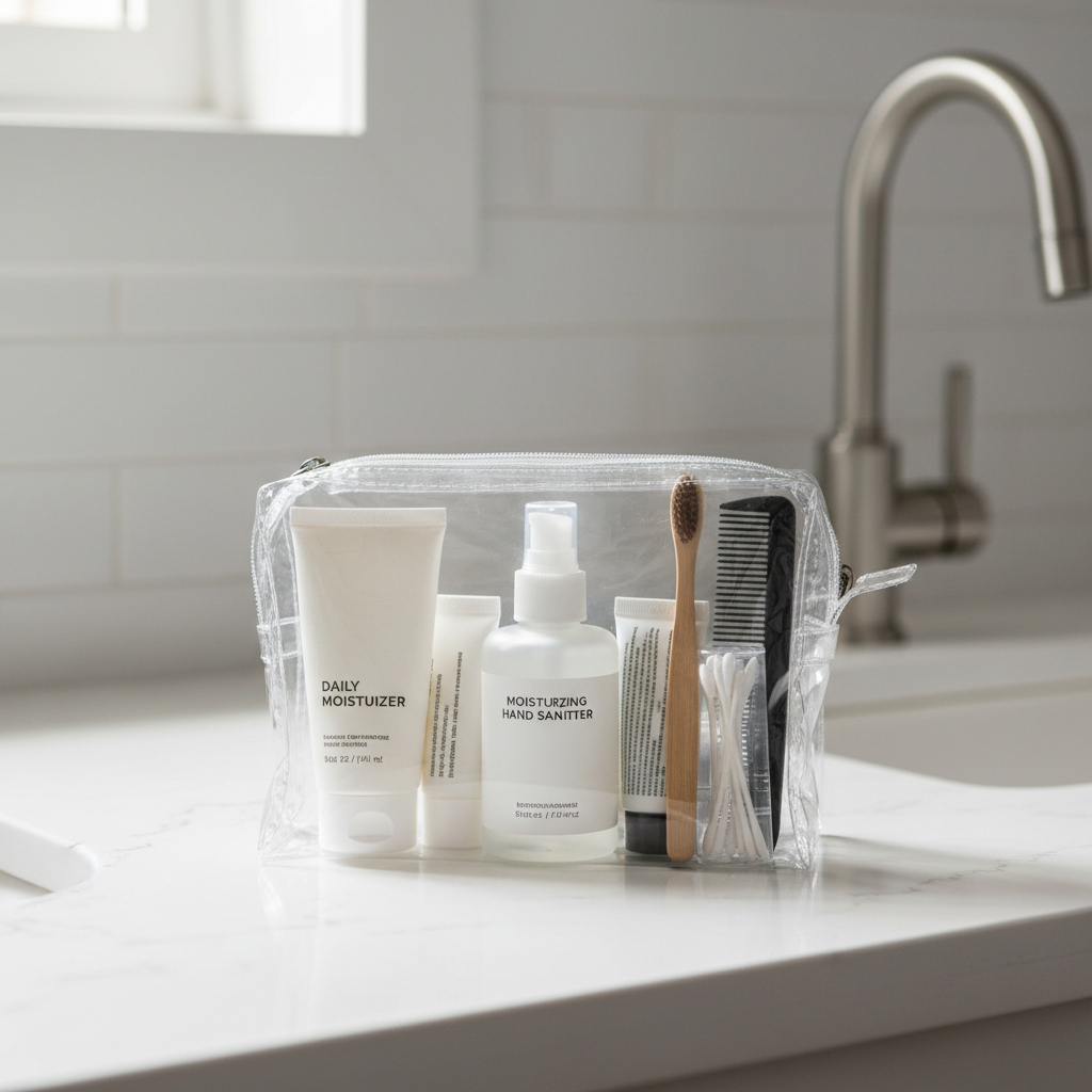 Moisturizing travel hand sanitizer in a TSA-friendly bag