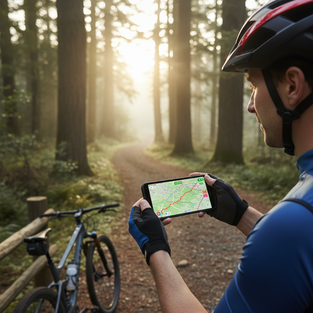 Cyclist checking a route tracking app on a smartphone before a ride