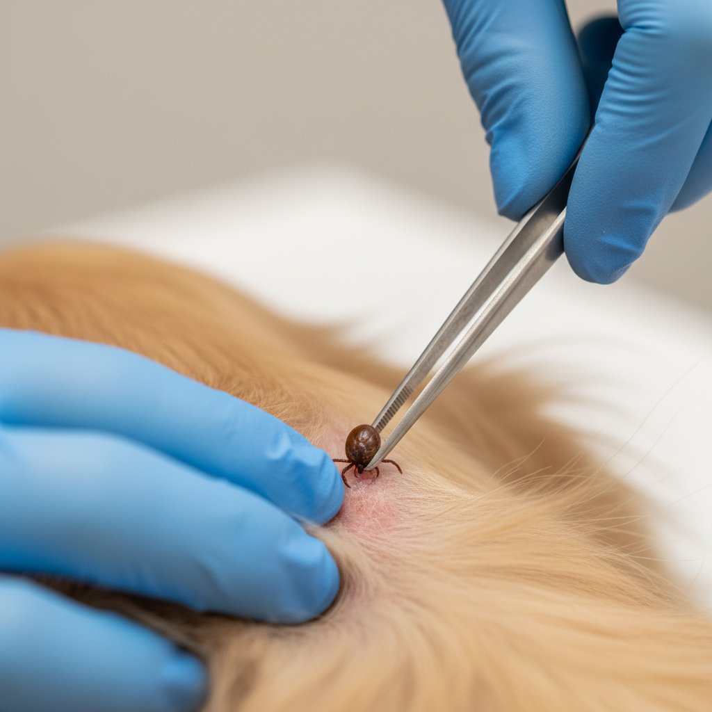 Close-up of tick removal on a dog using fine-tipped tweezers