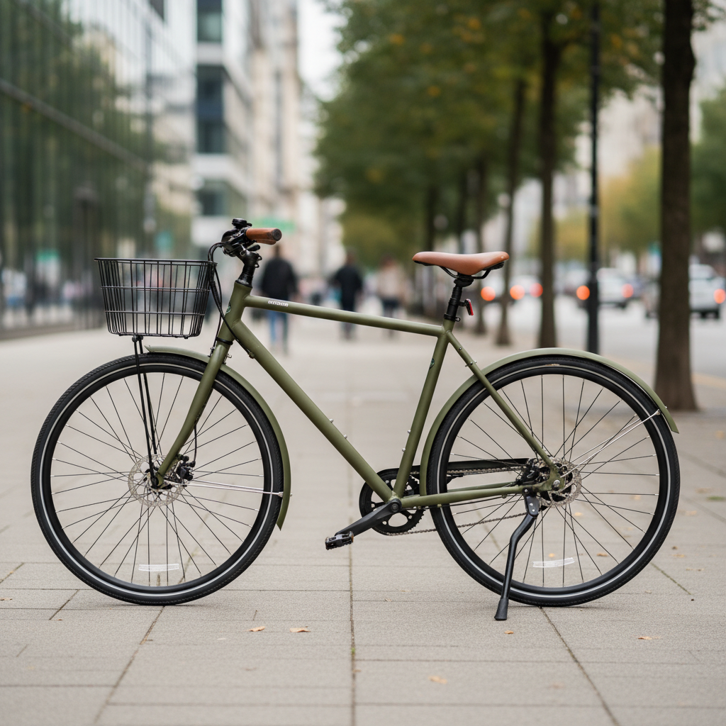Adult commuter bike parked upright with a rear-mounted kickstand
