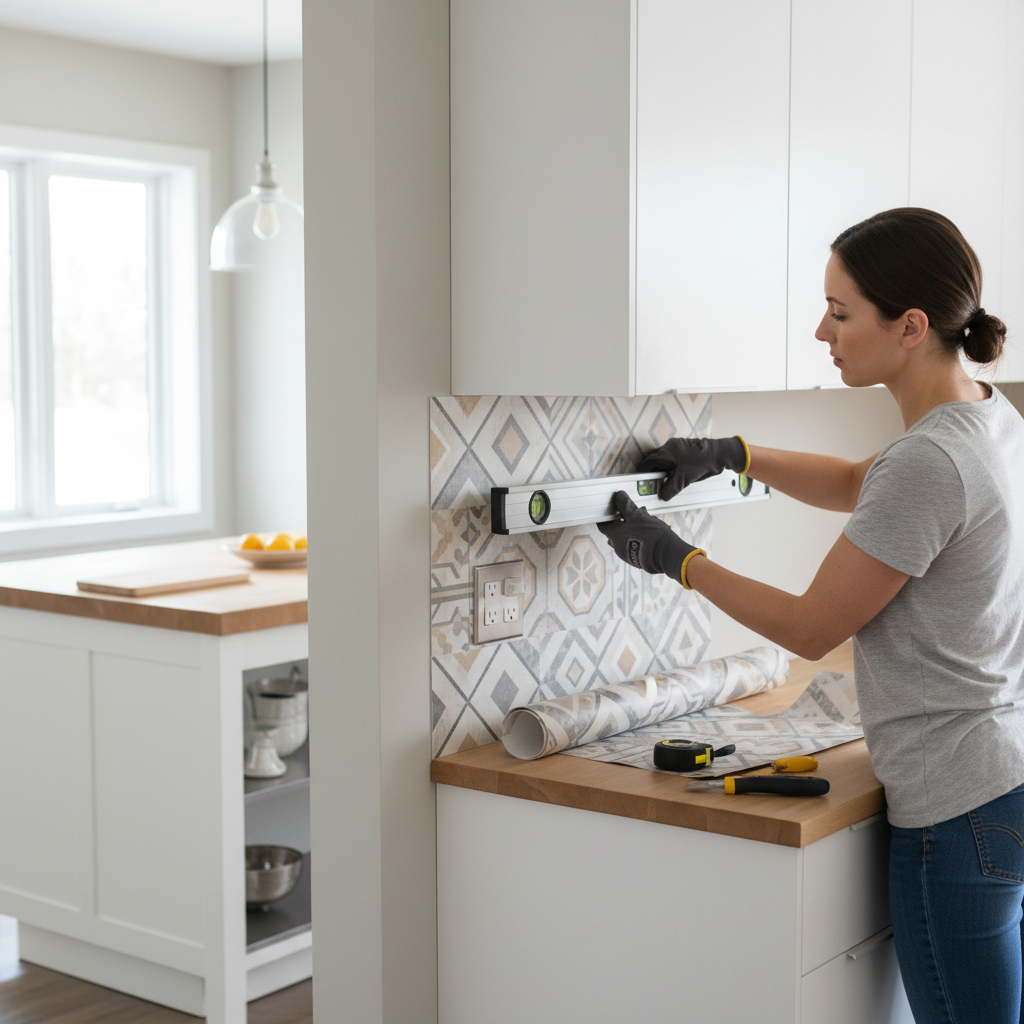 Renter installing removable backsplash panel with measuring tape and level