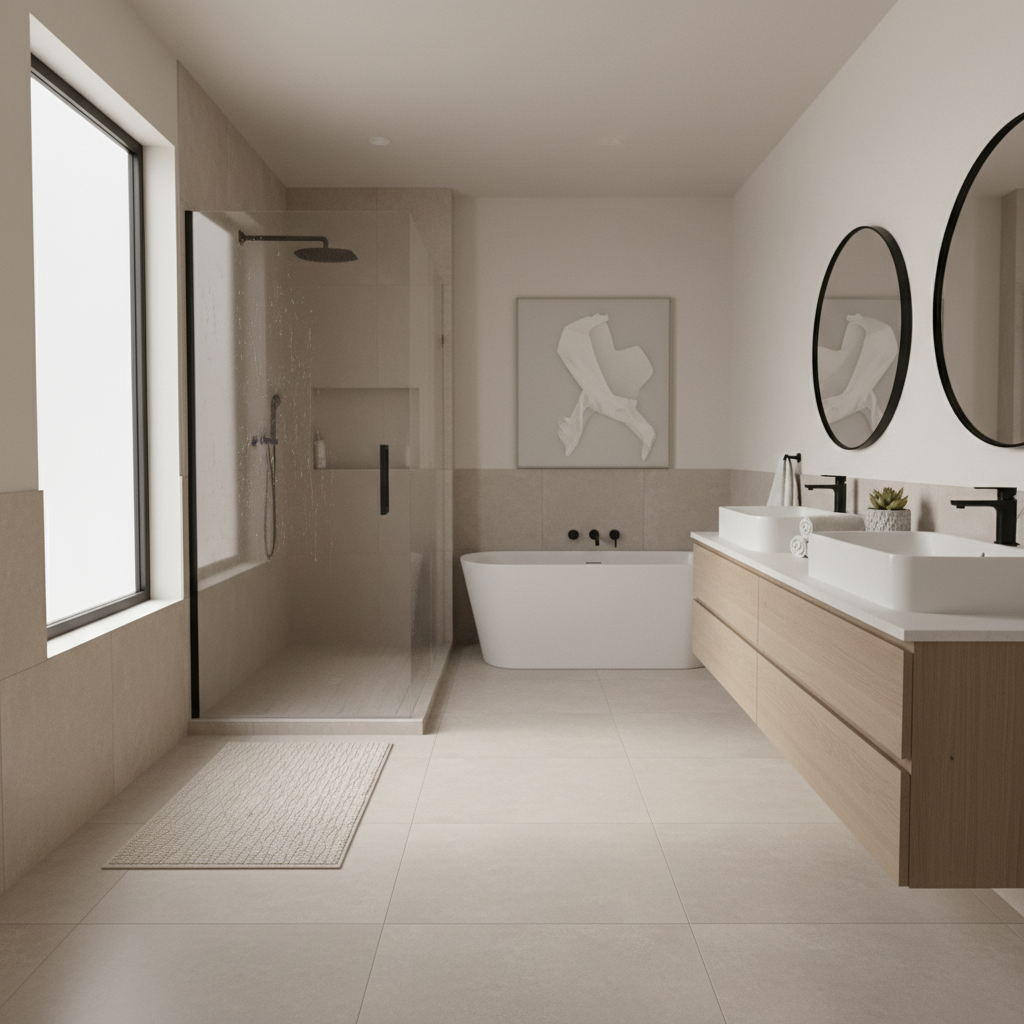 Non slip bathroom rug on tile floor next to shower