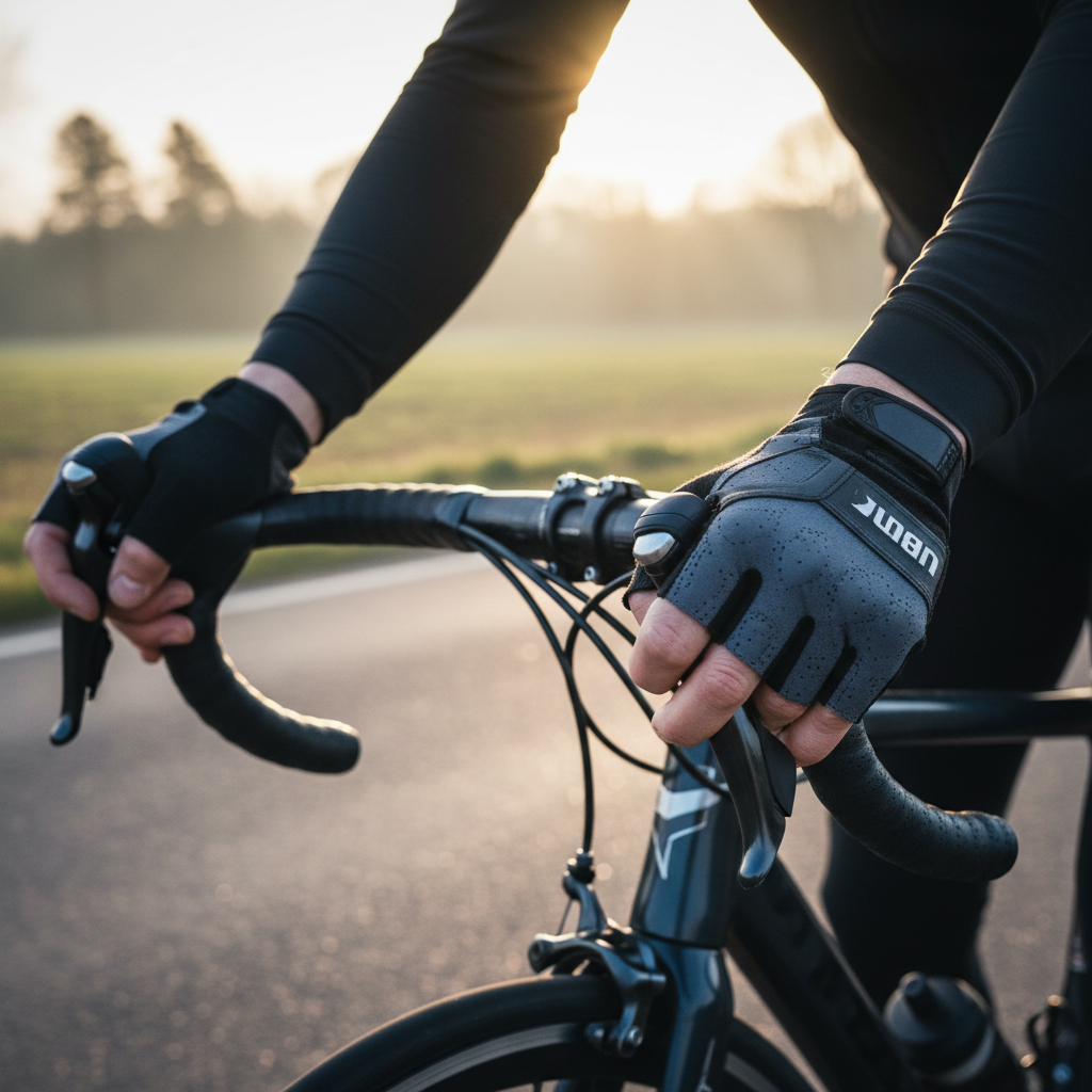 Cyclist wearing padded bike gloves gripping handlebars on a road bike