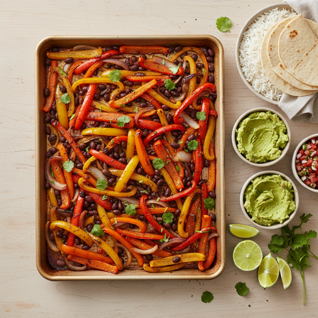 Sheet-pan vegetarian fajita bowls with peppers and black beans