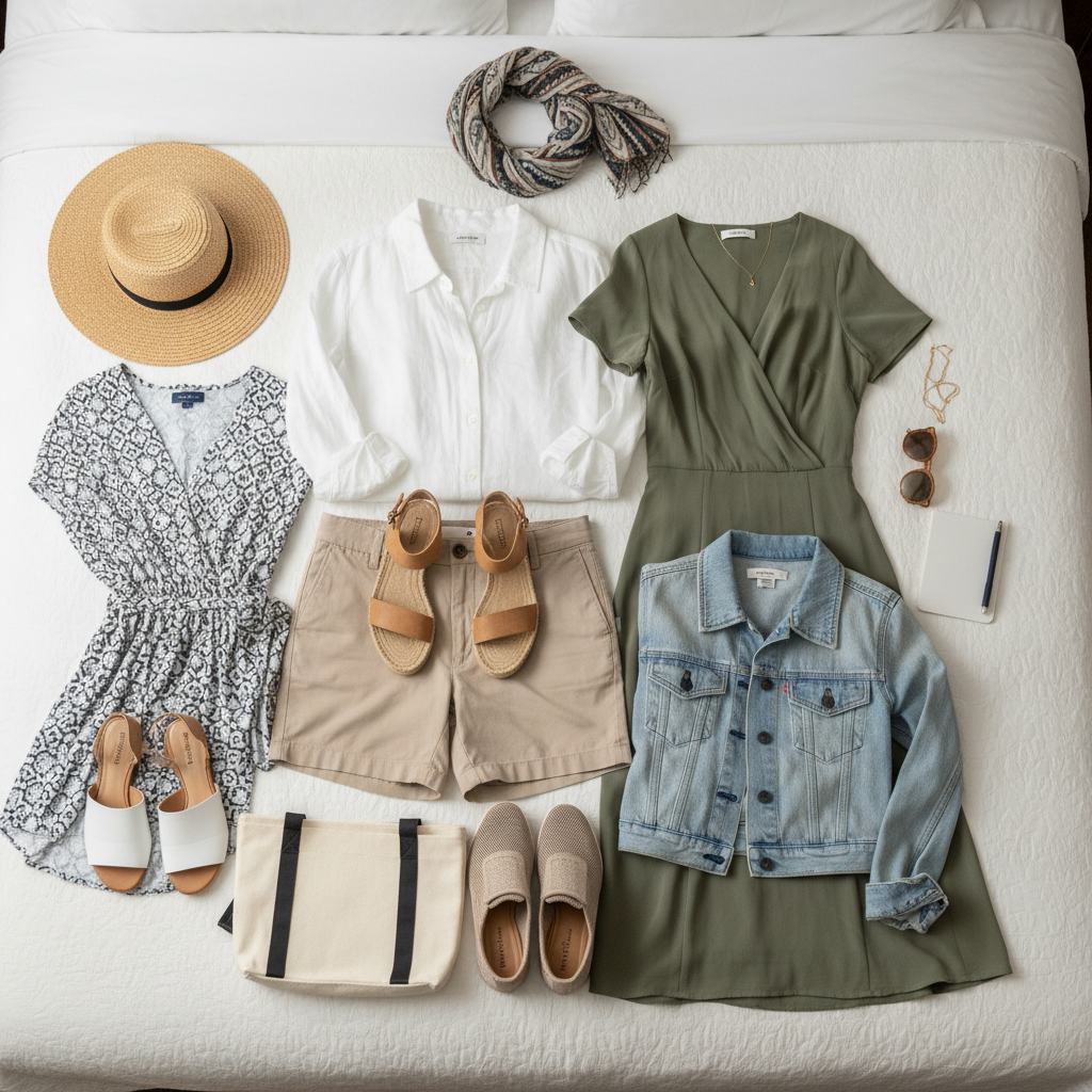 Cruise outfit planning with casual, resort, and dinner attire laid out on a bed