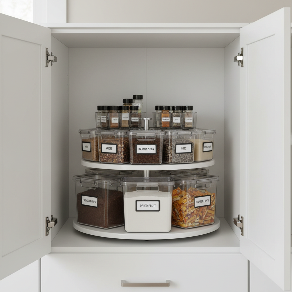 Organized kitchen cabinet with a two-tier lazy susan and labeled bins for pantry items