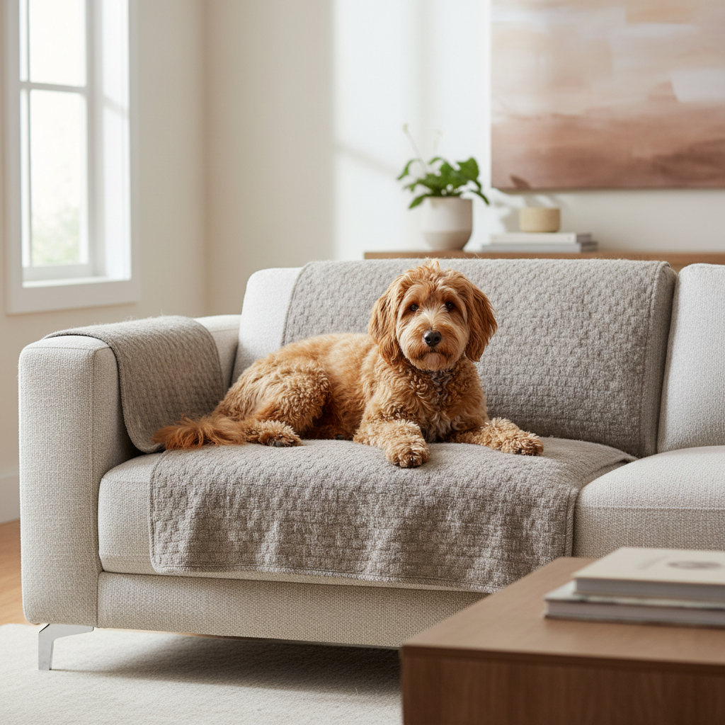 Washable pet blanket protecting a sofa from dog hair and muddy paws
