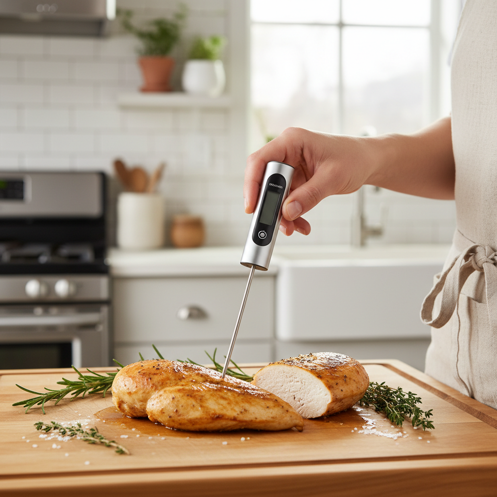 Chicken breast temperature check with instant-read thermometer in a home kitchen