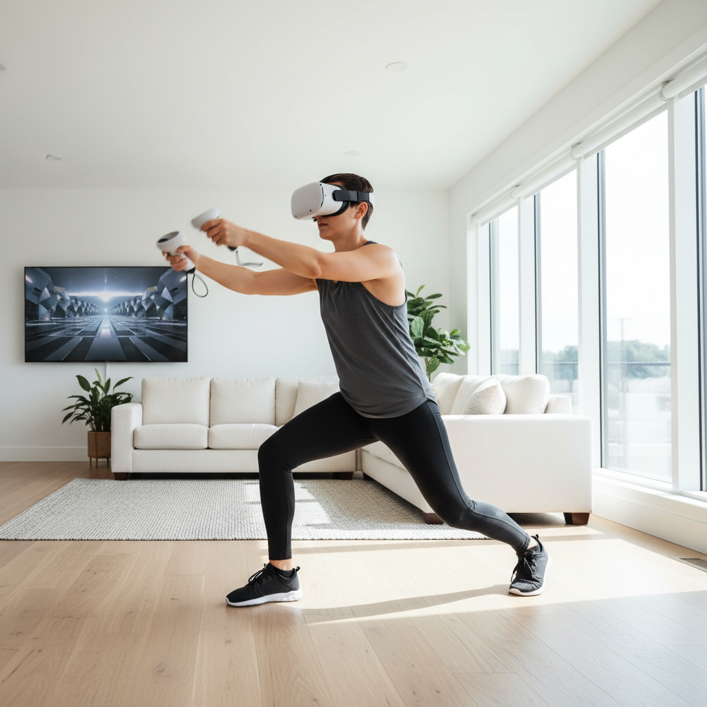 Person doing a VR workout in a living room with a headset and controllers