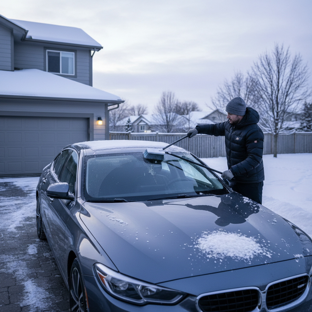 Driver removing snow from a car roof with a snow brush for safe winter visibility