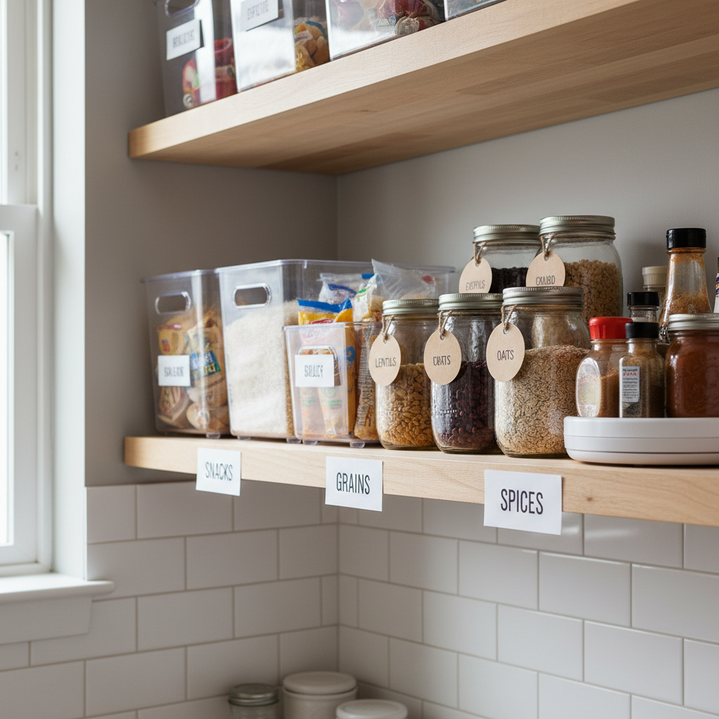 Budget pantry organization using dollar-store bins, jars, and a turntable on shelves