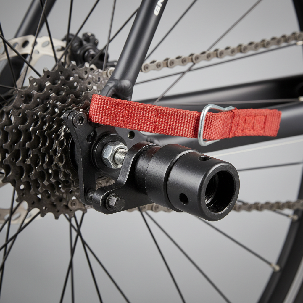 Close-up of bike trailer hitch and safety strap on rear axle