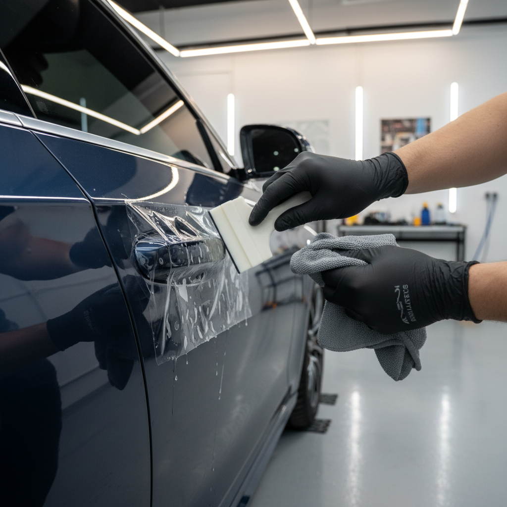 Technician applying door handle protective film and pressing edges for adhesion