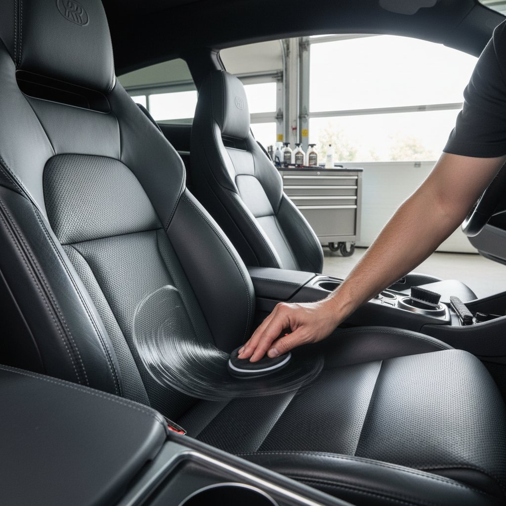 Applying leather conditioner evenly to a car seat for a matte finish