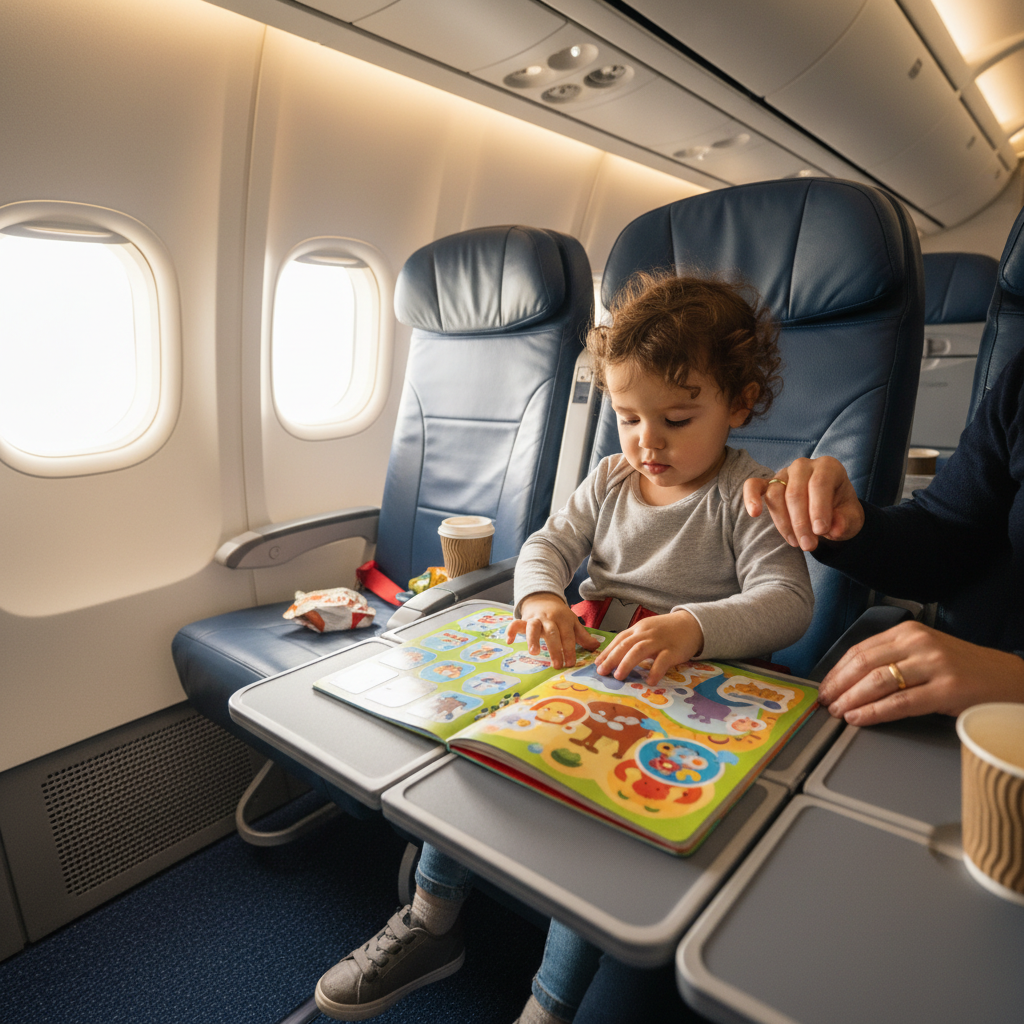 Toddler using stickers and a small activity book while sitting on an airplane seat