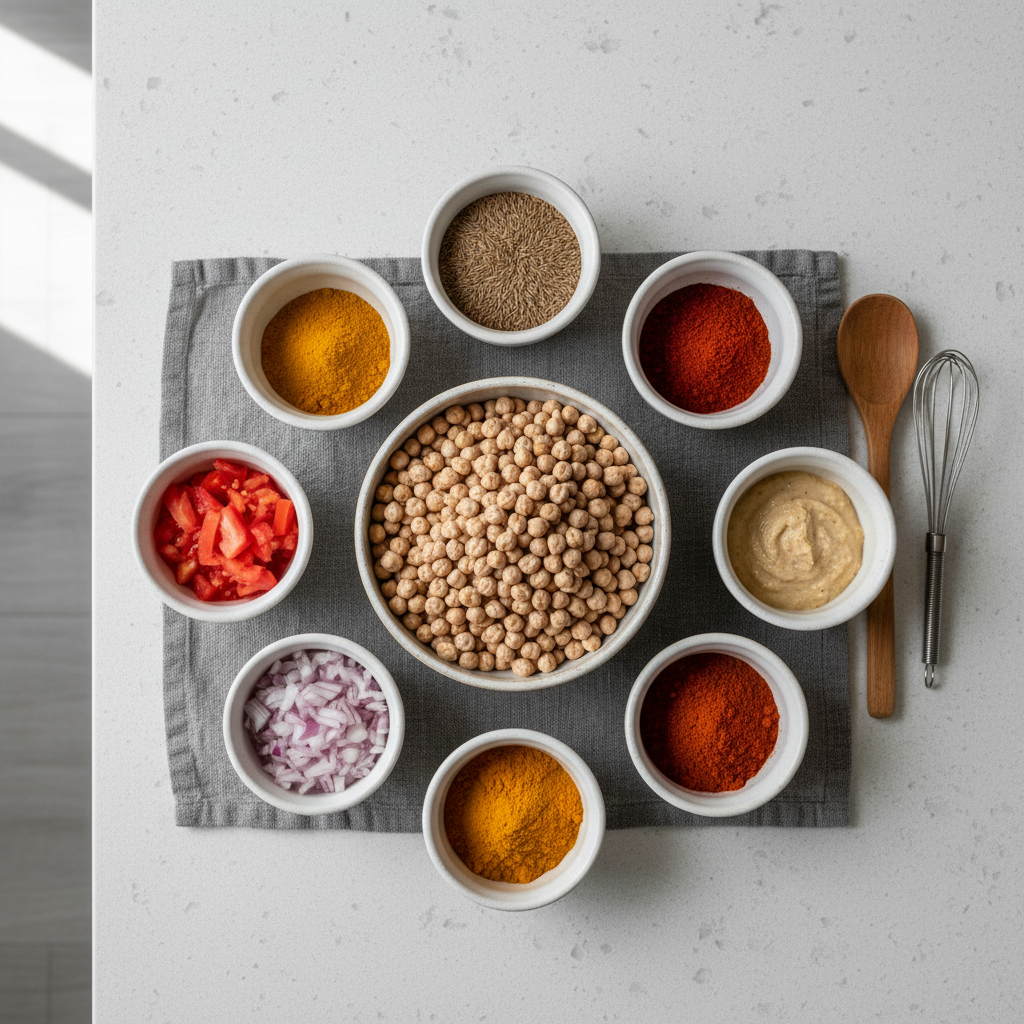Spices and ingredients for Punjabi chole masala in small bowls