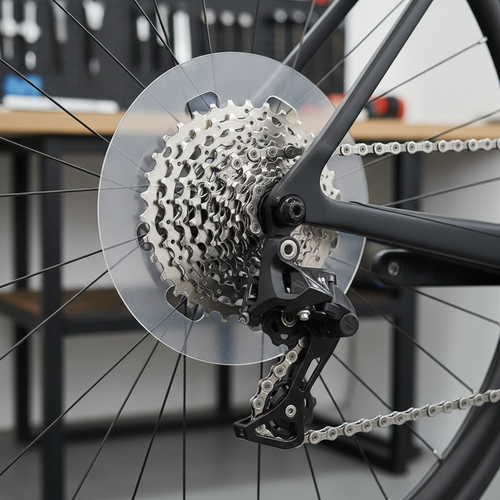 Bike rear wheel close-up showing cassette and spoke protector behind it