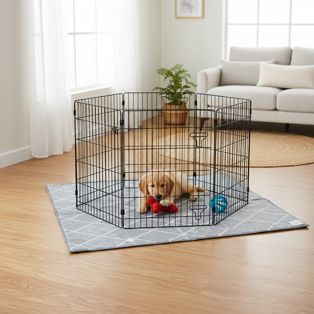 Waterproof pet play mat under a puppy playpen protecting hardwood floors